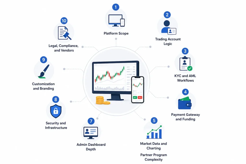 Trading Platform Features and Cost Factors Founders Should Review Before Launching a Forex Brokerage 2 Trading platform features and cost factors, including KYC, payments, market data, security, admin dashboard, and customization.