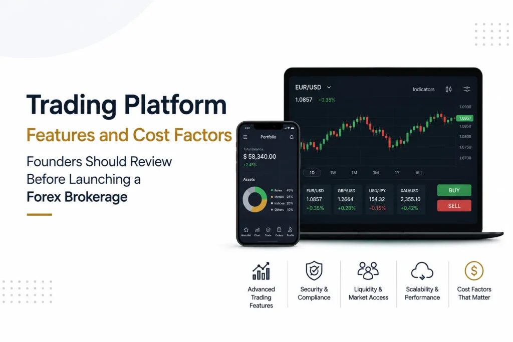 Trading platform features and cost factors founders should evaluate before launching a forex brokerage.