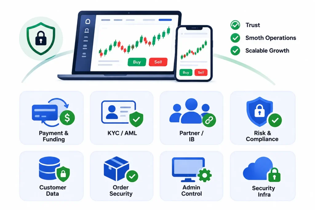 Trading Platform Features and Cost Factors Founders Should Review Before Launching a Forex Brokerage 1 Trading platform security features covering payments, KYC and AML, partner management, customer data, admin control, and compliance.
