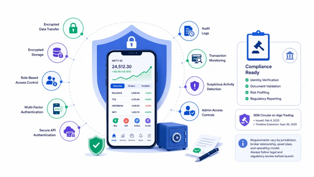How Modern Trading Platforms Combine APIs, Algo Tools, and Investor Dashboards 2 Trading platform security and compliance features including encrypted data, MFA, API authentication, audit logs, transaction monitoring, and KYC controls
