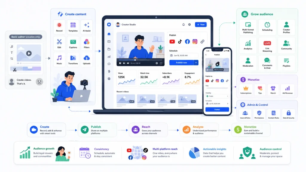 How Video Creation Platforms Help Creators Grow Audiences Across Multiple Content Formats 1 Video creation platform helping creators publish content, grow audiences, analyze performance, and monetize across multiple channels