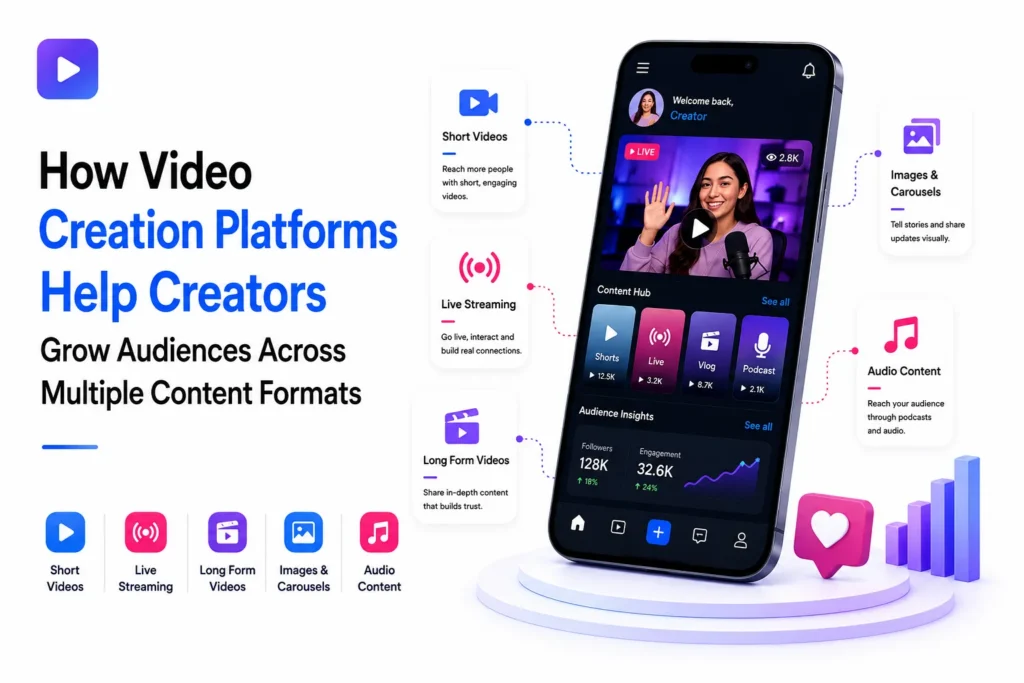Video creation platform helping creators grow audiences through short videos, live streaming, long-form videos, images, carousels, and audio content
