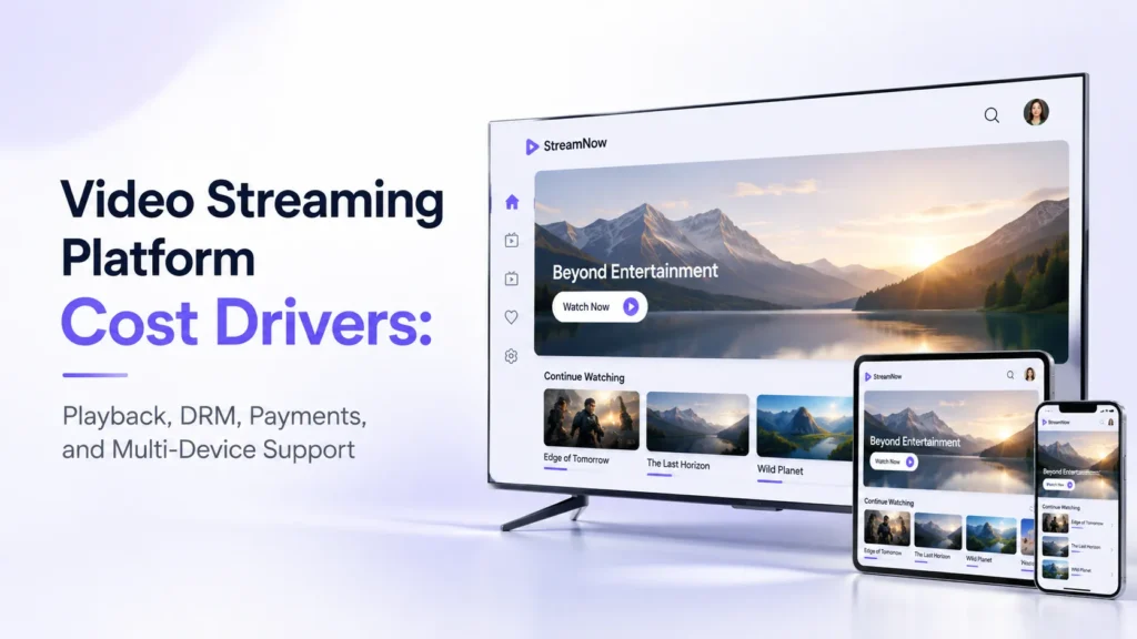 Video streaming platform cost drivers showing playback, DRM, payments, and multi-device support across TV, tablet, and mobile