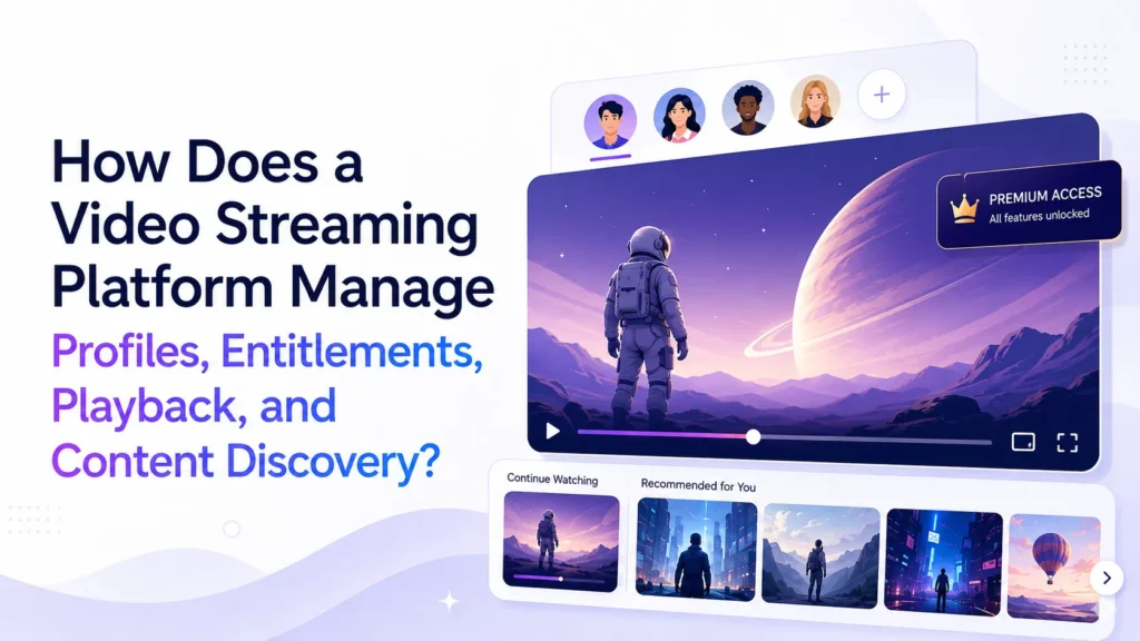 Video streaming platform showing profiles, content entitlements, premium access, playback controls, continue watching, and personalized content discovery