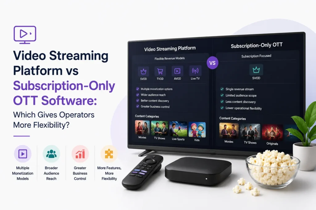 Video streaming platform vs subscription-only OTT software comparison showing monetization models, audience reach, content options, and operator flexibility