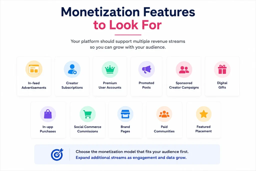 Visual social app monetization features showing ads, creator subscriptions, premium accounts, promoted posts, digital gifts, commerce, and paid communities