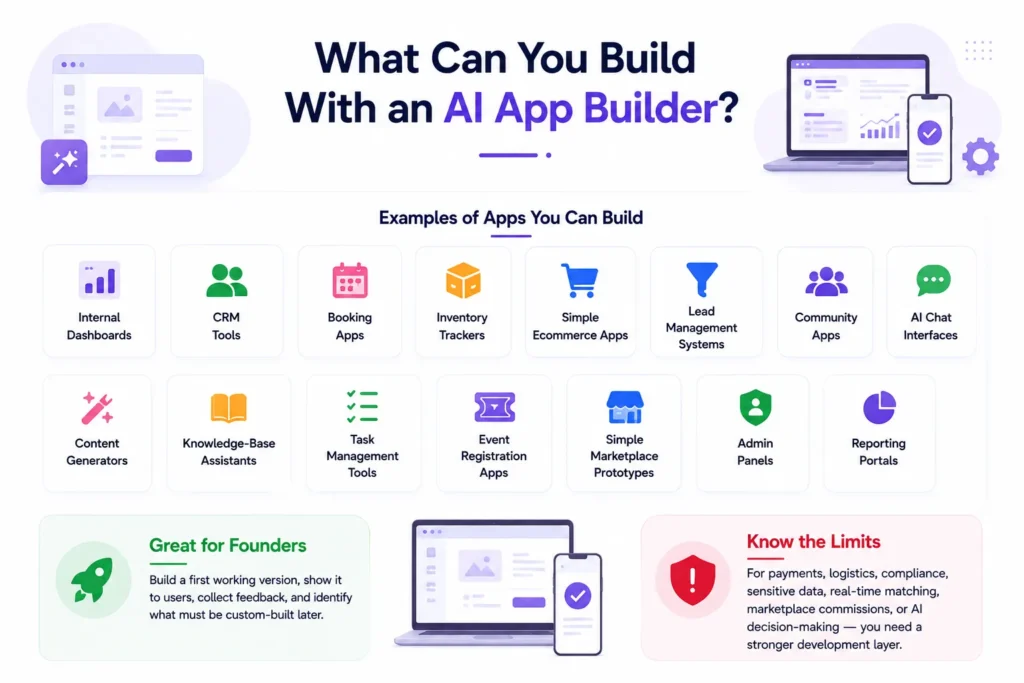 What you can build with an AI app builder, including dashboards, CRM tools, booking apps, ecommerce, community apps, admin panels, and reporting portals