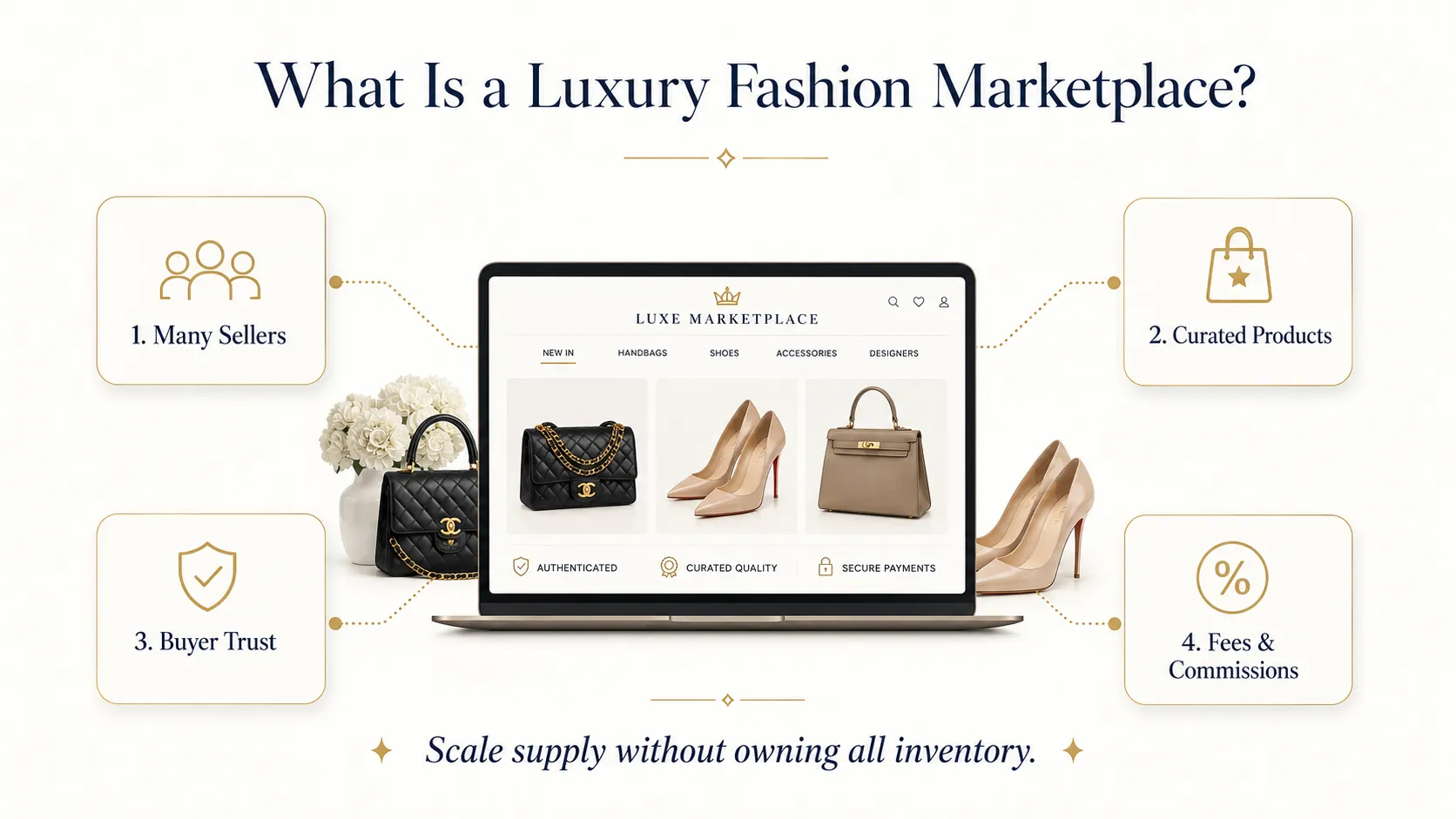 Luxury Fashion Marketplace vs Traditional Fashion E-Commerce: Which Model Is Better for Founders? 1 Luxury fashion marketplace showing multiple sellers, curated products, buyer trust, secure payments, and commission-based revenue
