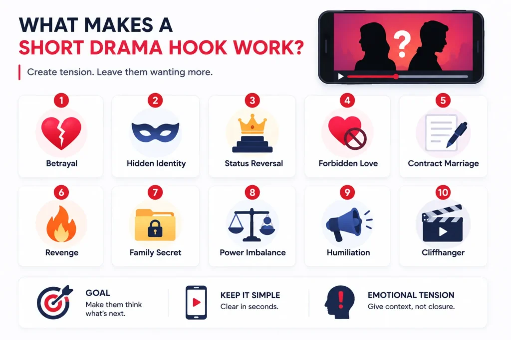 Short Drama Story Hook testing elements including betrayal, hidden identity, status reversal, forbidden love, contract marriage, revenge, family secrets, power imbalance, humiliation, and cliffhangers