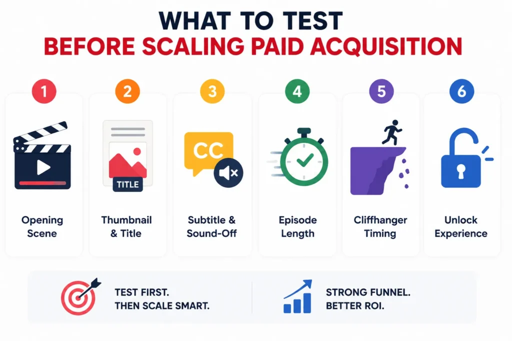 Key elements to test before scaling paid acquisition for a short drama platform, including opening scene, thumbnail, subtitles, episode length, cliffhanger timing, and unlock experience