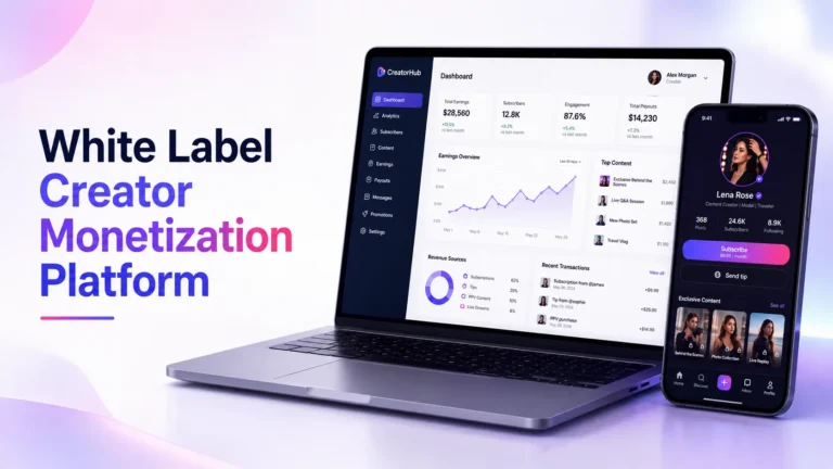 White label creator monetization platform with subscriptions, tips, paid content, live streams, messaging, analytics, and payouts.