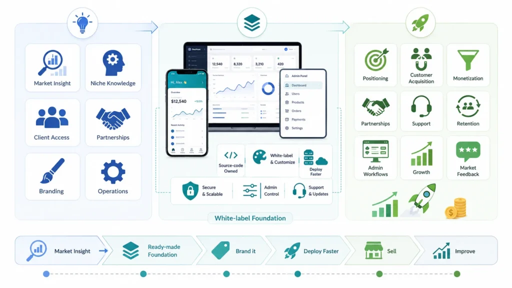 White-label app development infographic showing founder strengths such as market insight, niche knowledge, client access, partnerships, branding and operations connected to a ready-made white-label foundation with source-code ownership, admin control, secure scalable setup, faster deployment, support updates and growth levers.