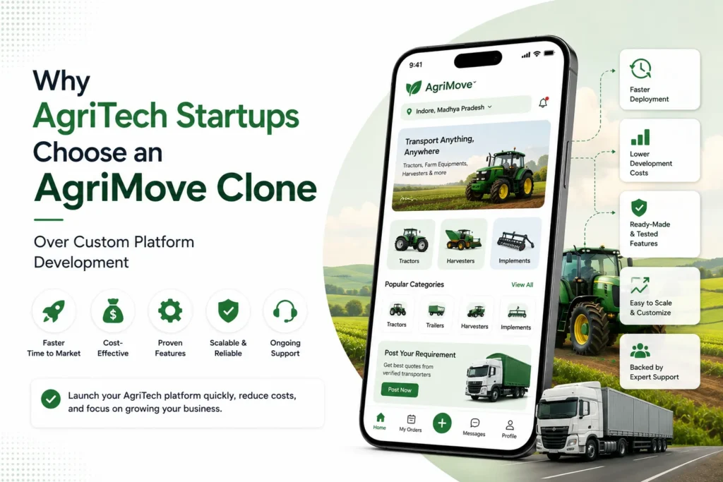 Why AgriTech startups choose an AgriMove clone over custom platform development for faster launch, lower costs, proven features, scalability, and expert support