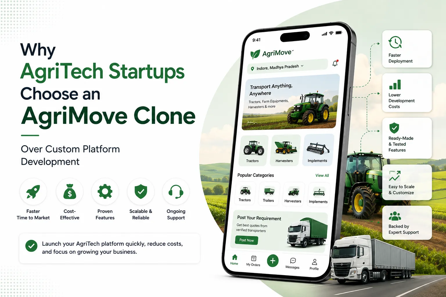Why AgriTech startups choose an AgriMove clone over custom platform development for faster launch, lower costs, proven features, scalability, and expert support