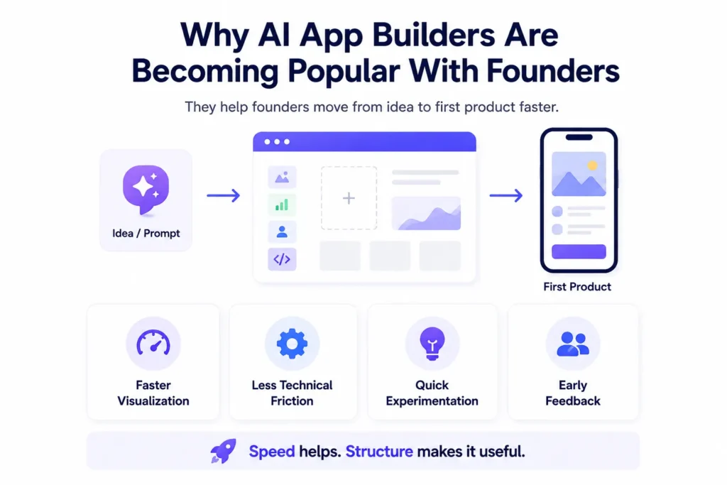 Why AI app builders are becoming popular with founders for faster visualization, lower technical friction, quick experimentation, and early feedback