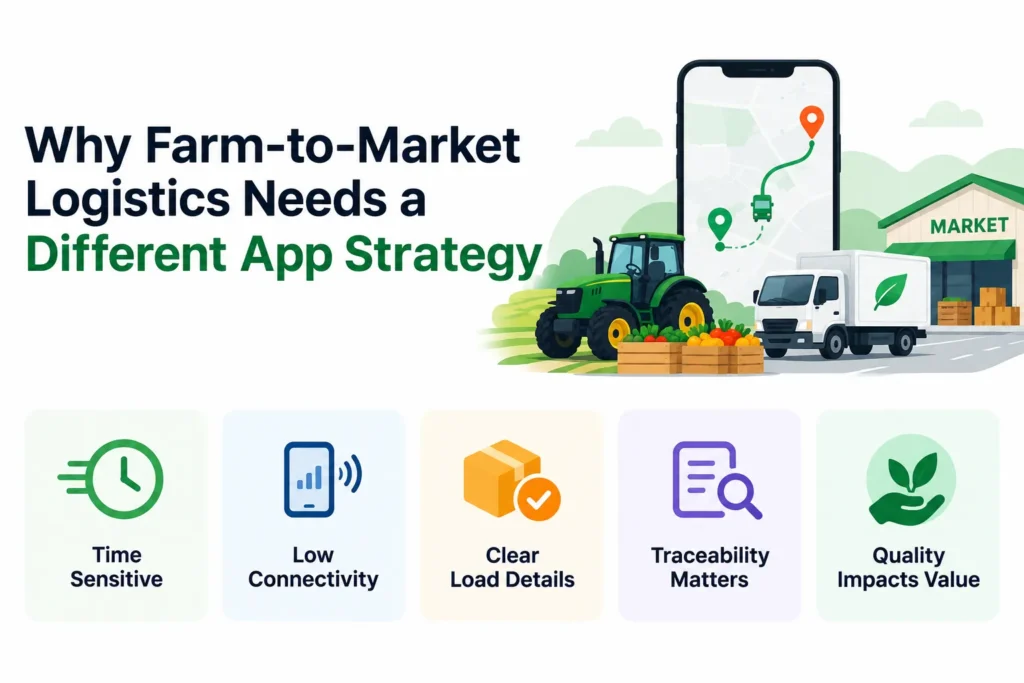 Why agricultural logistics platform needs a different app strategy for time-sensitive deliveries, low connectivity, traceability, and quality management.