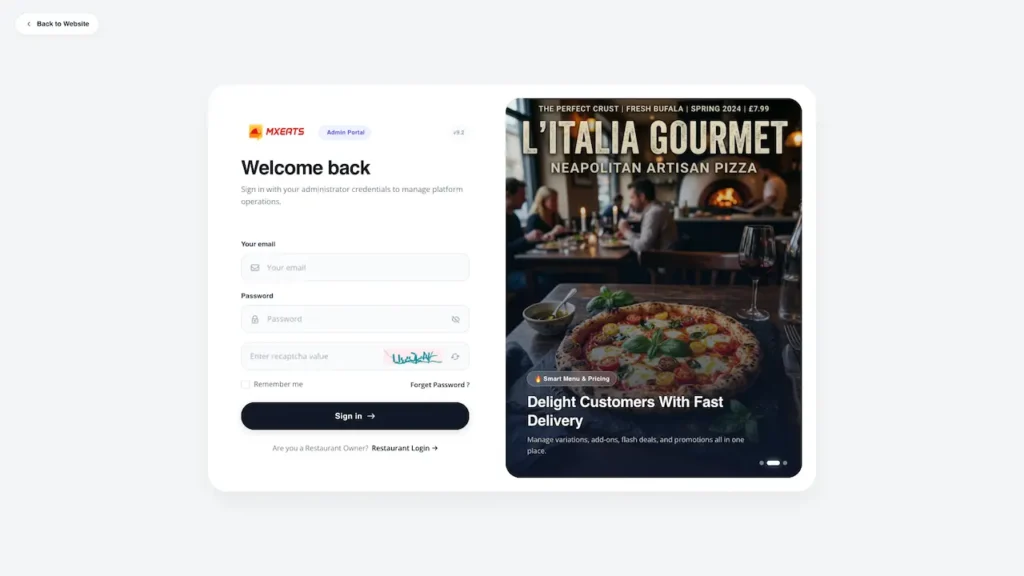 White Label Food Delivery App 59 UberEats Clone Admin Login showing a secure sign-in form beside a restaurant delivery promotional panel