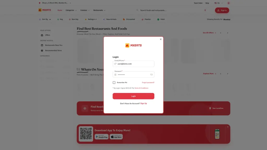 White Label Food Delivery App 66 UberEats Clone Customer Desktop Login showing a modal login form over the food-delivery search page