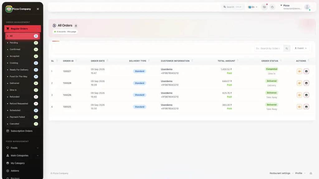 White Label Food Delivery App 73 UberEats Clone Restaurant Desktop Orders showing order records with customer, payment, amount, status and actions