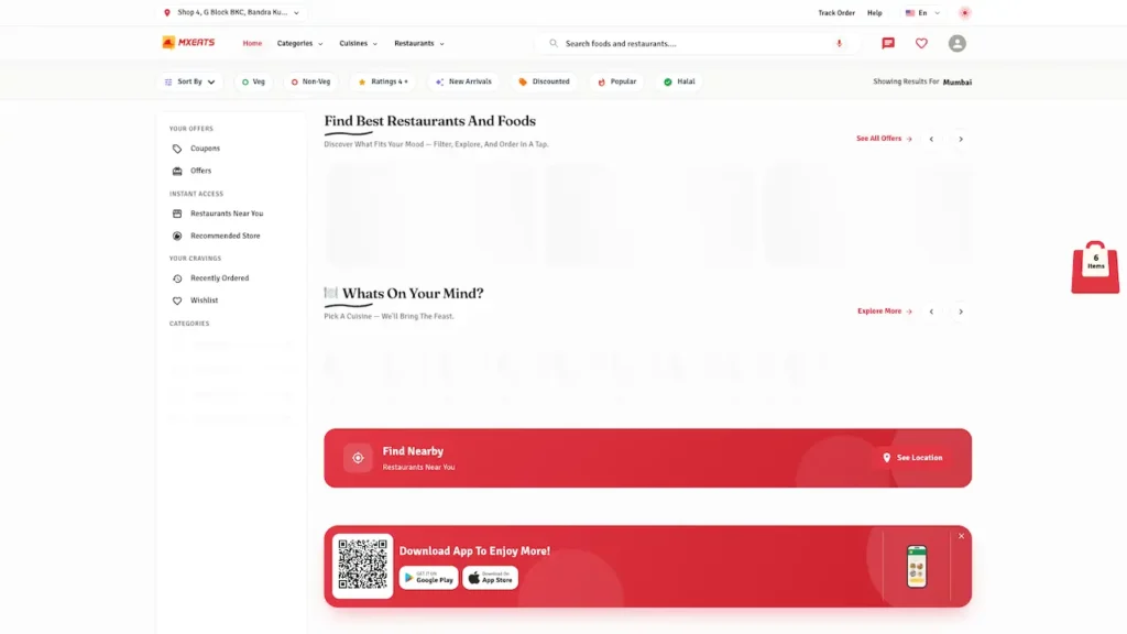 White Label Food Delivery App 65 UberEats Clone Logged-In Store Home showing customer navigation, address tools, cuisine filters and restaurant search