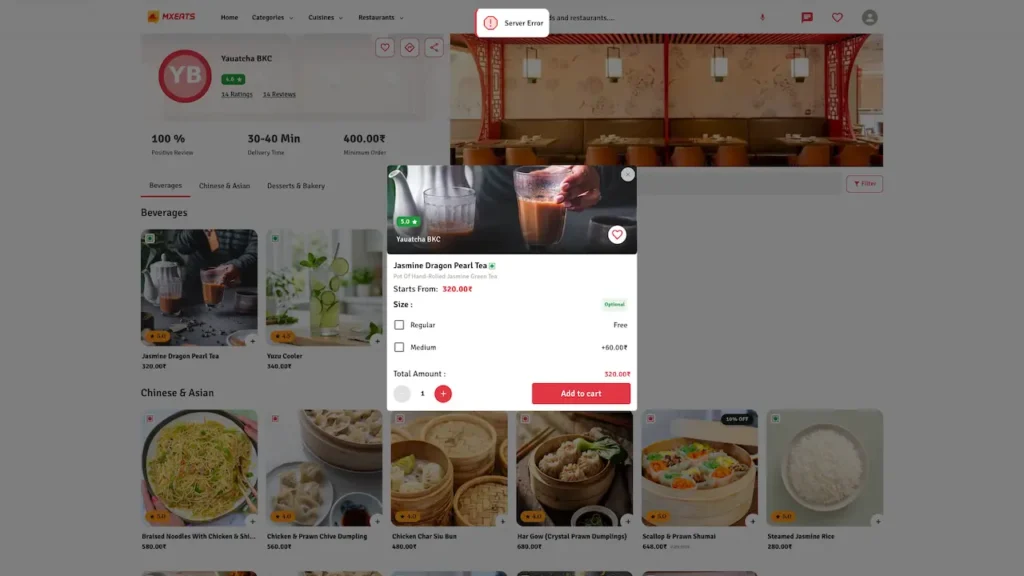 White Label Food Delivery App 63 UberEats Clone Desktop Food Item Details showing dish image, description, variation choices, add-ons and add-to-cart action