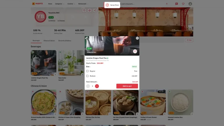 UberEats Clone Desktop Food Item Details showing dish image, description, variation choices, add-ons and add-to-cart action