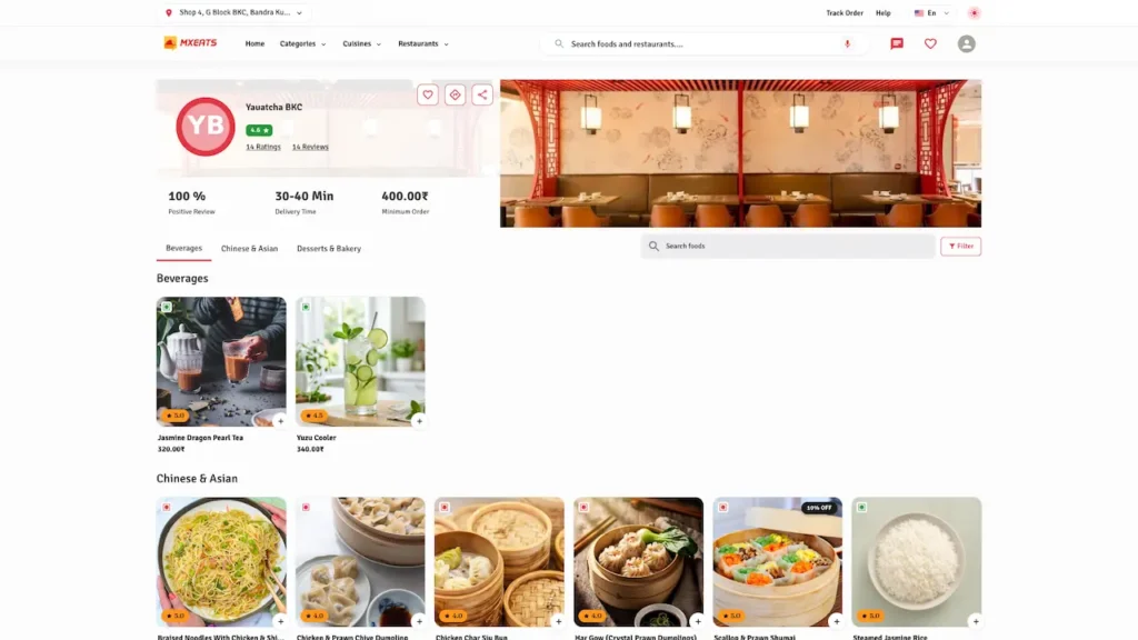 White Label Food Delivery App 62 UberEats Clone Desktop Restaurant Menu showing restaurant information, category filters and a grid of menu dishes