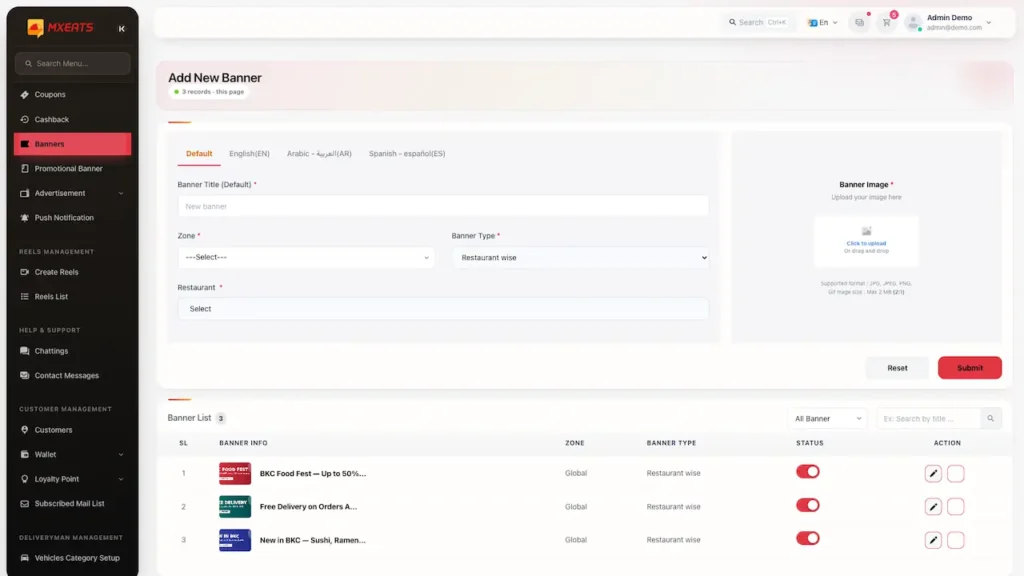 White Label Food Delivery App 53 UberEats Clone Admin Banner Management showing banner creation fields, image upload, scheduling and existing promotional banners