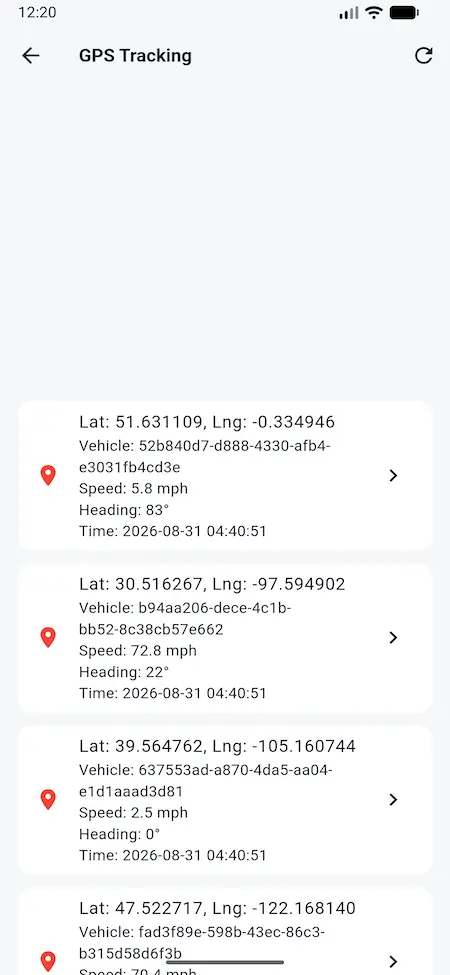 DAT load board carrier mobile GPS tracking list with coordinates, speed, heading, and timestamps