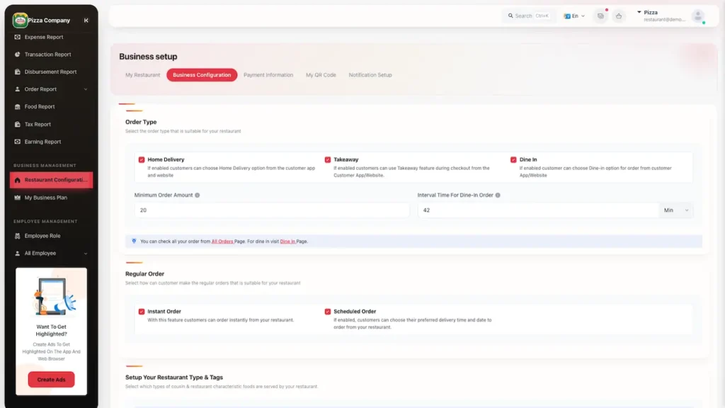 White Label Food Delivery App 69 UberEats Clone Restaurant Desktop Settings showing order types, delivery options, preparation time and service configuration