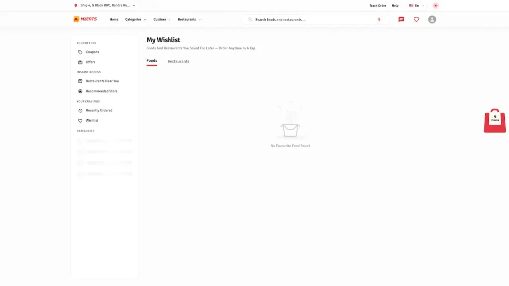 White Label Food Delivery App 61 UberEats Clone Customer Wishlist showing saved food and restaurant tabs with an empty wishlist state