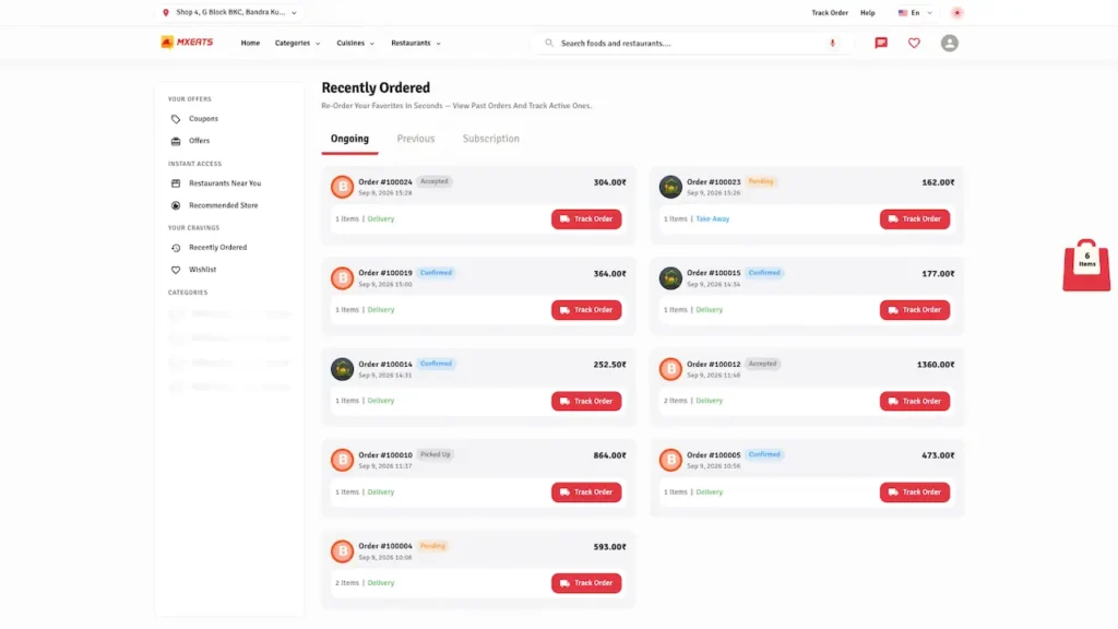 White Label Food Delivery App 60 UberEats Clone Customer Order History showing ongoing and past restaurant orders with totals, status and track-order buttons