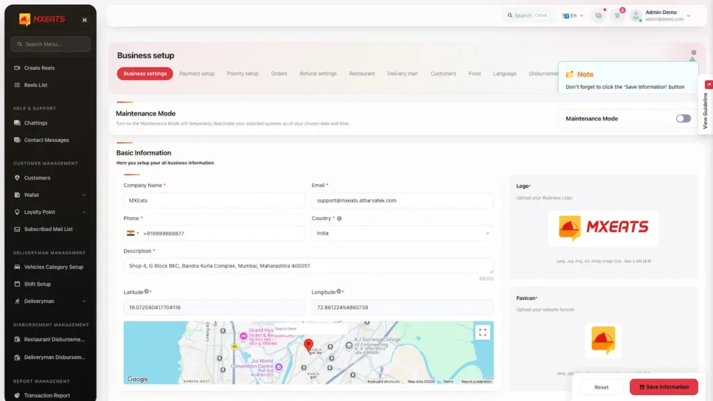 White Label Food Delivery App 51 UberEats Clone Admin Business Settings showing maintenance mode, company information, branding assets and location map