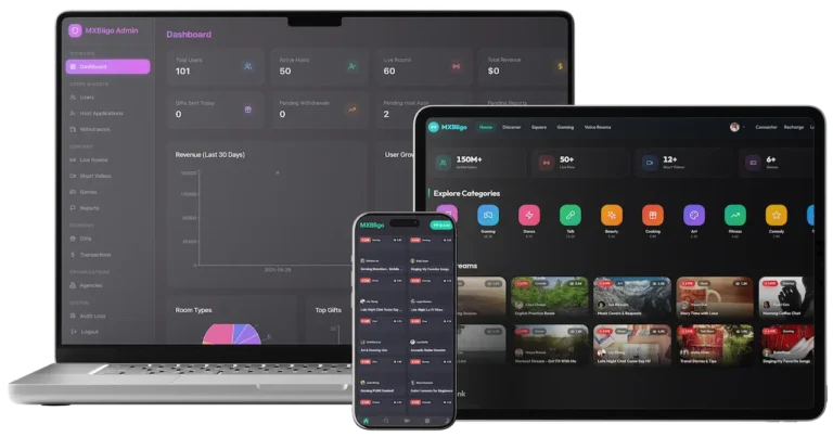 Bigo Live streaming platform with host management, live rooms, short videos, games, virtual gifts, transactions, and admin analytics.