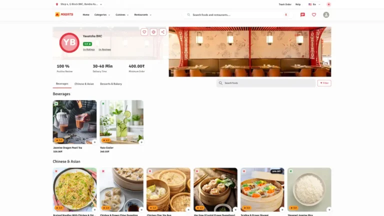 ChowNow Clone online restaurant menu displaying food categories, dish prices, ratings, delivery time, and ordering options.