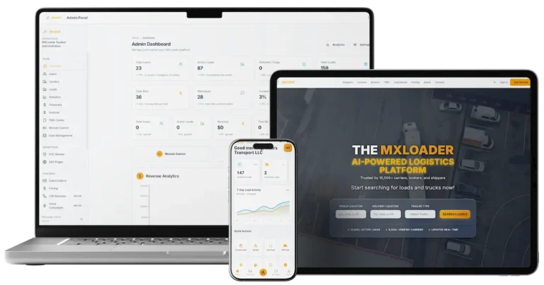 DAT load board logistics platform with load search, carrier management, bidding, analytics, invoices, and mobile access.