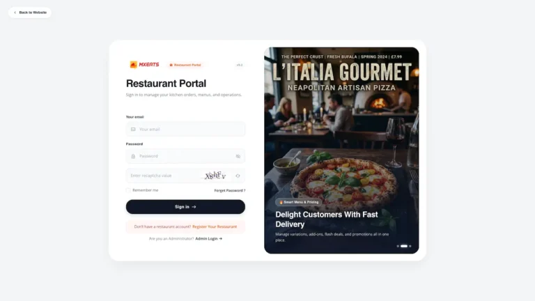Grubhub Clone restaurant portal login for managing food orders, menus, pricing, promotions, and kitchen operations.