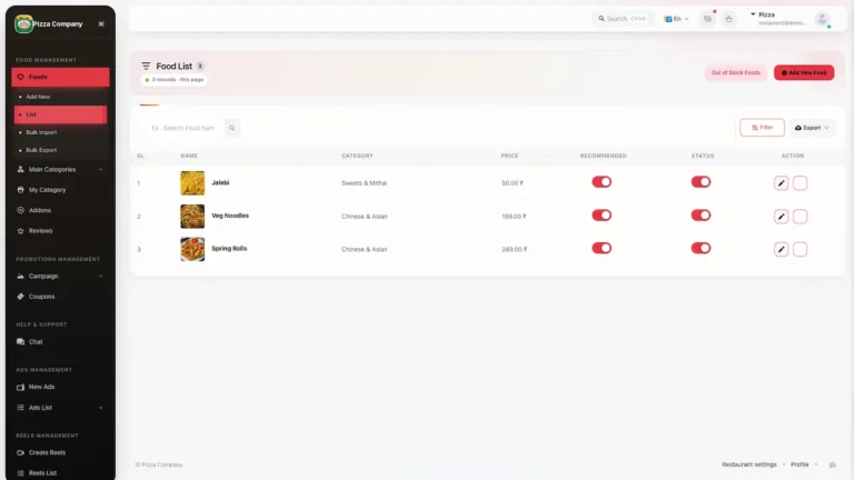 Goldbelly Clone restaurant dashboard for managing food listings, categories, prices, availability, recommendations, and promotions.