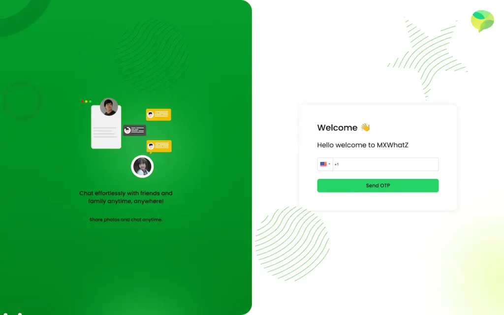 Desktop welcome and phone verification screen with an OTP request form beside a chat illustration.