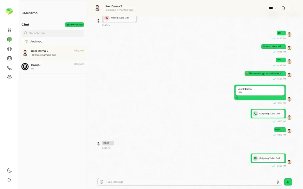 Desktop chat window showing the conversation list, messages, deleted-message notice and audio or video call cards.