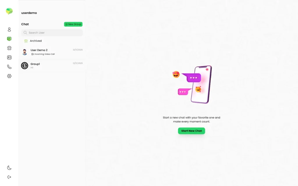 Desktop empty chat state with a new-chat illustration, conversation list and Start New Chat button.