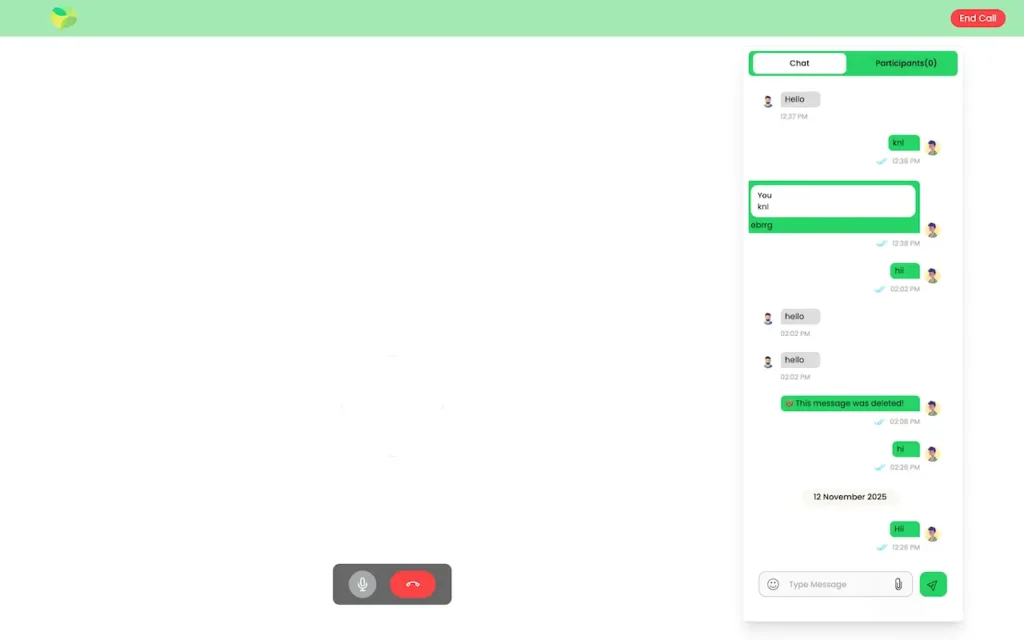 Desktop call interface with an in-call chat panel, participant tab, message composer, microphone and end-call controls.