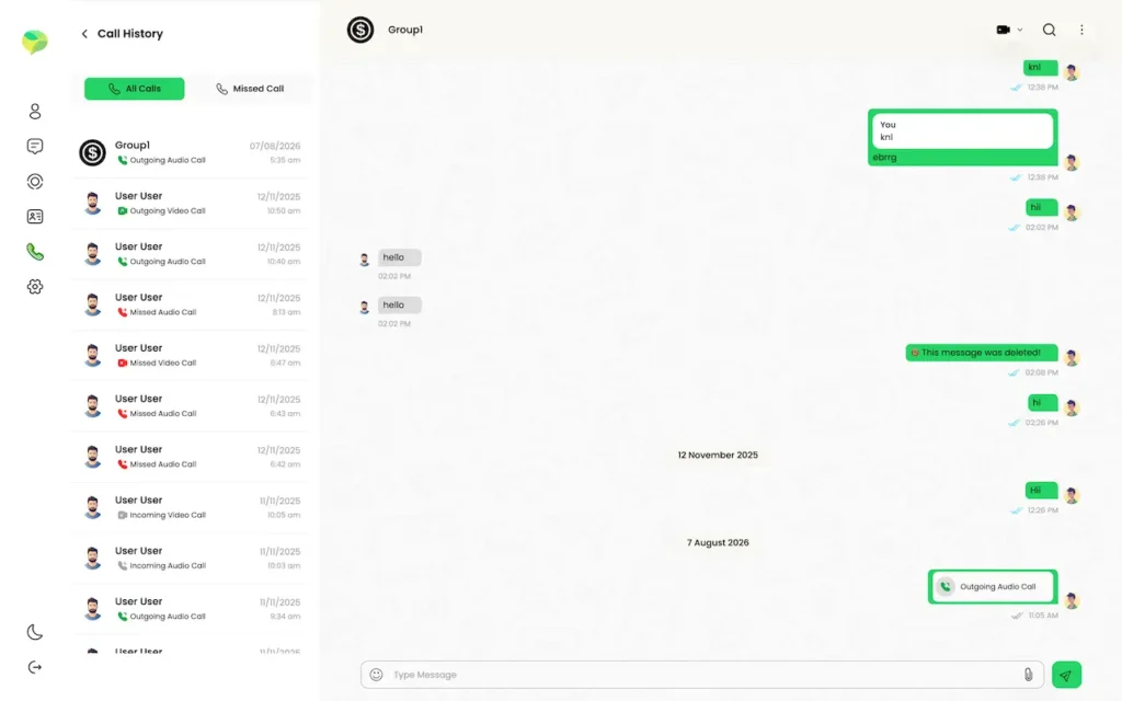 Desktop call history listing incoming, outgoing and missed audio or video calls beside an open group conversation.