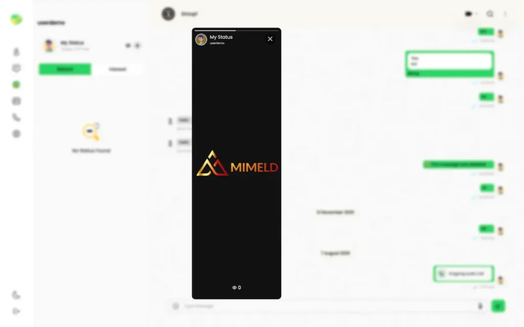 Desktop status viewer showing a branded status post in a centered vertical viewer over the chat workspace.