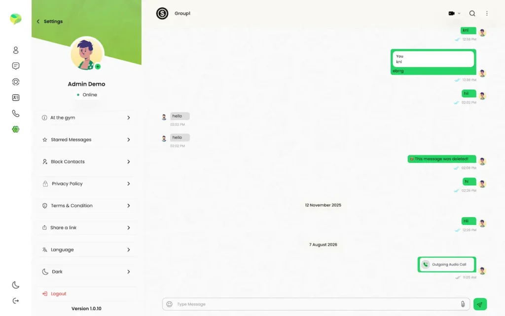 Desktop settings menu showing About status, starred messages, blocked contacts, privacy, terms, language, theme and logout.