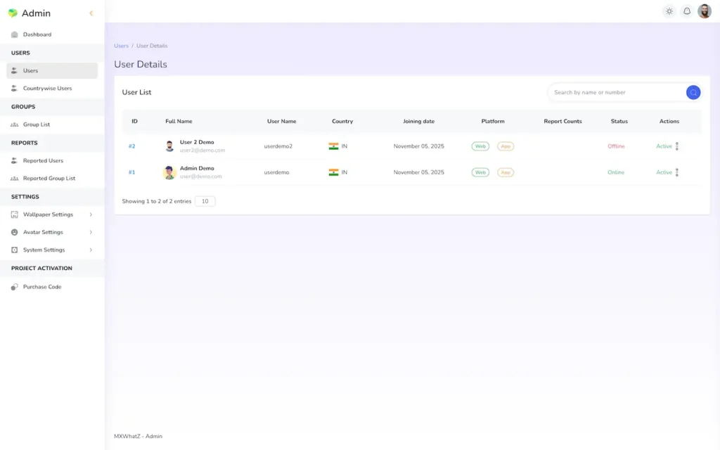 Admin user details screen showing a searchable user list with country, platform, report count, status and account actions.