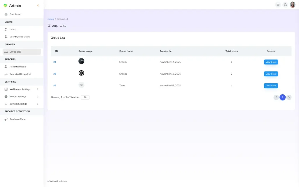 Admin group list showing group images, names, creation dates, member totals and view-user actions.
