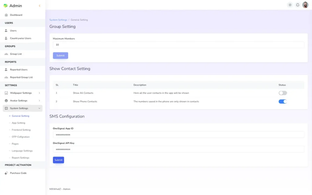 Admin settings screen for maximum group members, contact visibility and SMS configuration.