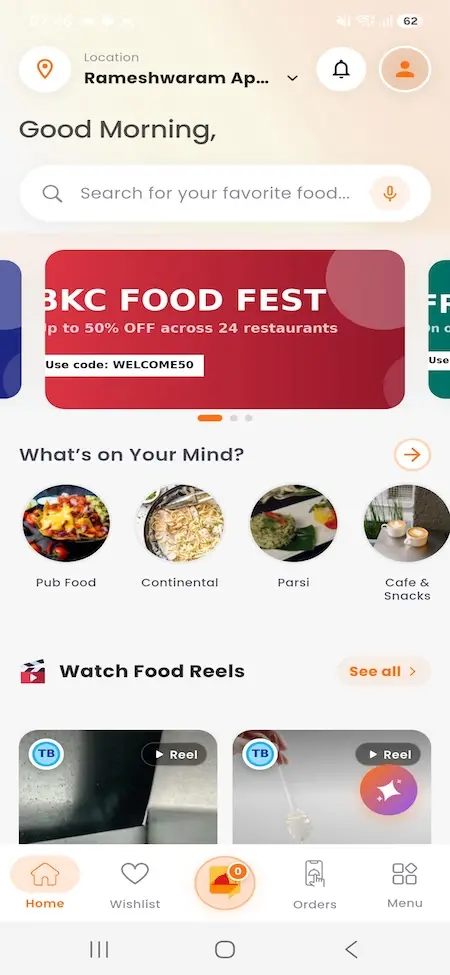 White Label Food Delivery App 25 UberEats Clone Customer Mobile Home showing location search, promotional banner, cuisine shortcuts and food reels