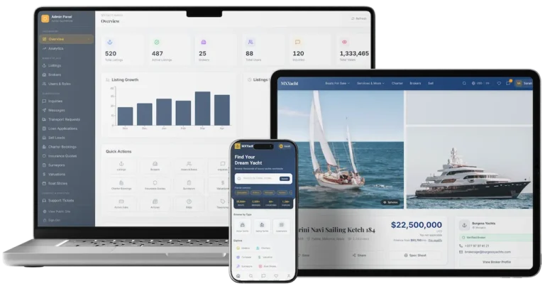 Yachtworld Clone cross-platform solution with web, mobile, broker listings, yacht search, and an admin management dashboard.